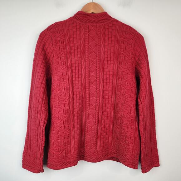 LL Bean Red Cotton Cable Knit Cardigan Sweater Medium Chunky Fisherman 278397 - Picture 4 of 6